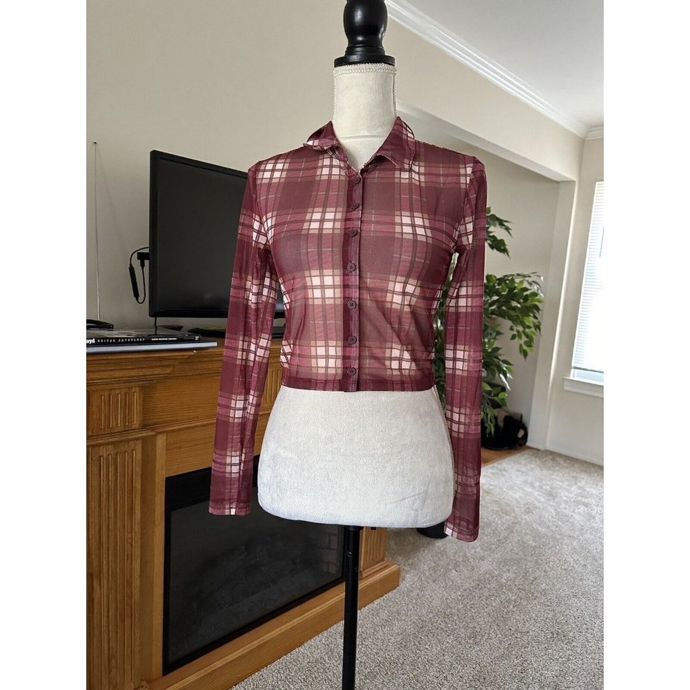 Women’s Sheer Cropped Top Check Plaid Button Down Clong Sleeve Size Small S